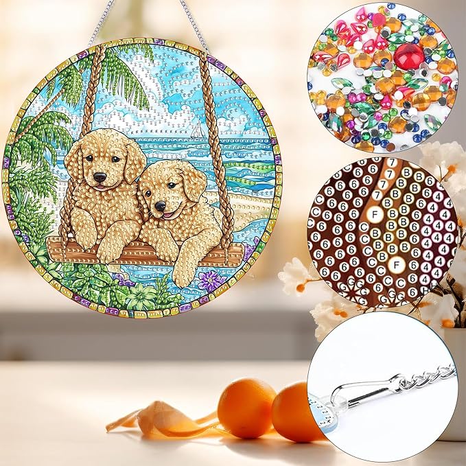 Bimkole Swing Dog Diamond Art Hanging Kit for Adult, DIY 5D Diamond Art Animal Window Pendant, Acrylic Crystal Art Hanging Ornament Home Wall Garden Front Door Sign Outdoor Decor 7.8x7.8 Inch