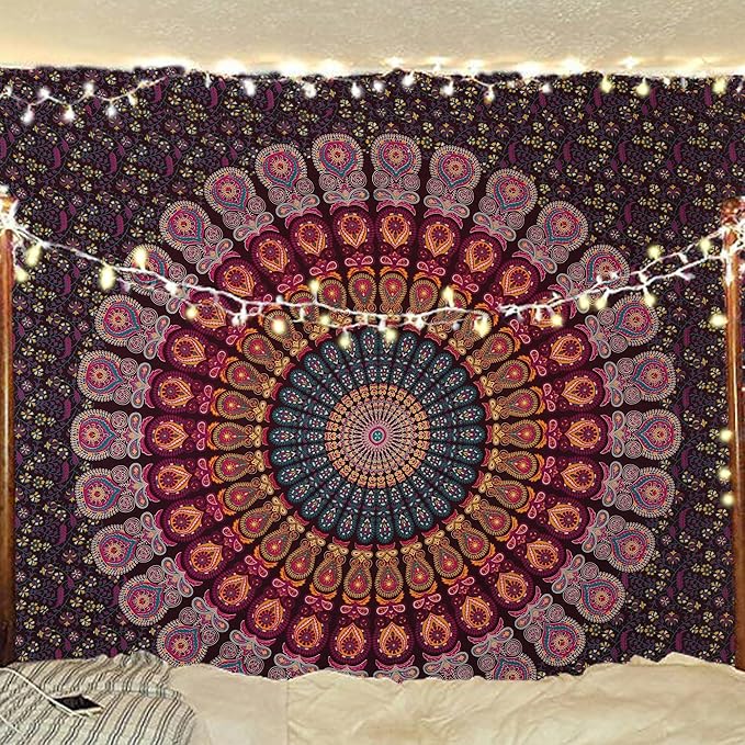 bless international handmade indian hippie bohemian psychedelic peacock mandala wall hanging college dorm beach throws table cloth bedding tapestry (golden pink blue, queen(84x90inches)(215x230cms))