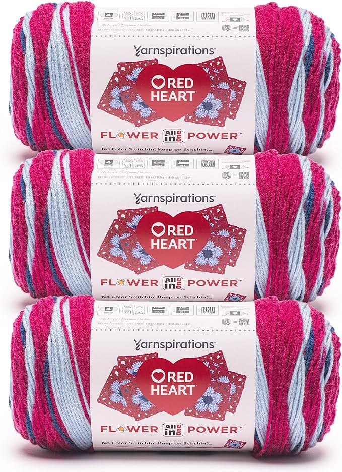 Red Heart All in One Flower Power Cornflower Yarn - 3 Pack of 250 g / 8.8 oz - 100% Acrylic - #4 Worsted (Medium) - 440 Yards - Knitting/Crochet