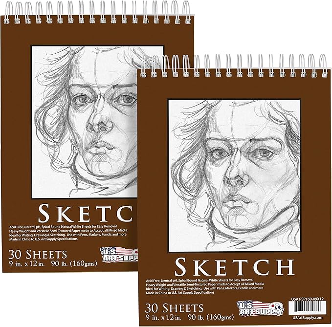 u.s. art supply 9”x12 premium heavy-weight paper spiral bound sketch book: 90 pound (160gsm), 30-sheet drawing pad (2 pack)