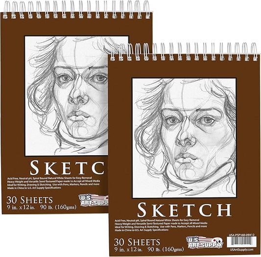 u.s. art supply 9”x12 premium heavy-weight paper spiral bound sketch book: 90 pound (160gsm), 30-sheet drawing pad (2 pack)