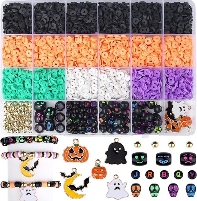 XIANNVXI 2846pcs Halloween Clay Beads Jewelry Making Orange Purple Black White Green Friendship Bracelet Supplies with Halloween Pattern Clay Beads Crafts