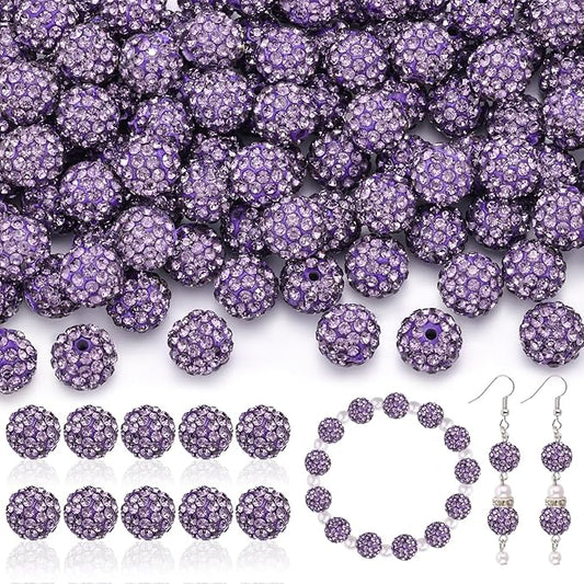 105pcs 10mm rhinestone beads for jewelry making, purple shiny round disco ball beads bulk, sparkle crystal clay christmas for bracelet baseball necklace earring crafting and diy