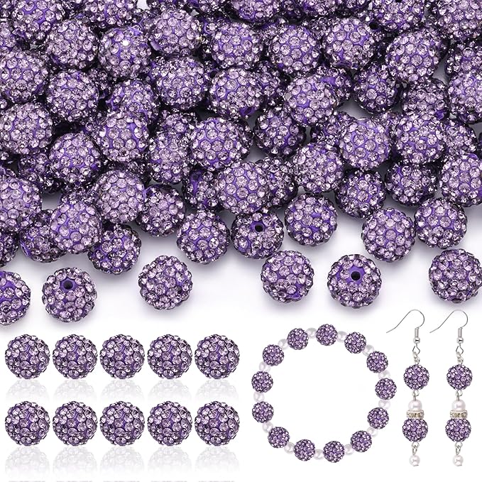 160pcs 10mm rhinestone beads for jewelry making, purple shiny round disco ball beads bulk, sparkle crystal clay christmas for bracelet baseball necklace earring crafting and diy