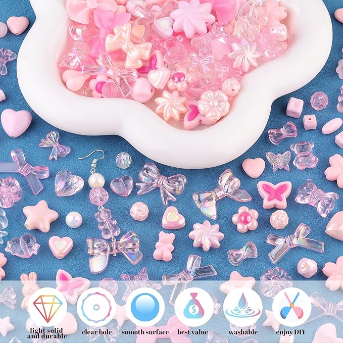 200-260PCS TINKRSTUFF Assorted Acrylic Beads Pink Cute Beads for Bracelet Making, Bow Star Aesthetic Flower Butterfly GummyBear Kawaii Charms for Jewelry Making Necklace DIY Keychain Phone Charm