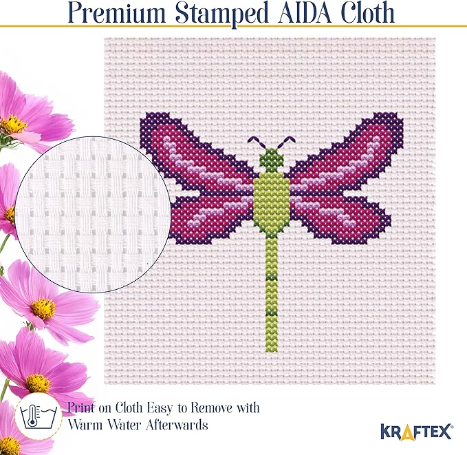 kraftex floral stamped cross stitch kits for beginners - 3 pack. diy embroidery needlepoint patterns for adults. easy cross stitch kits for beginners (garden creatures)