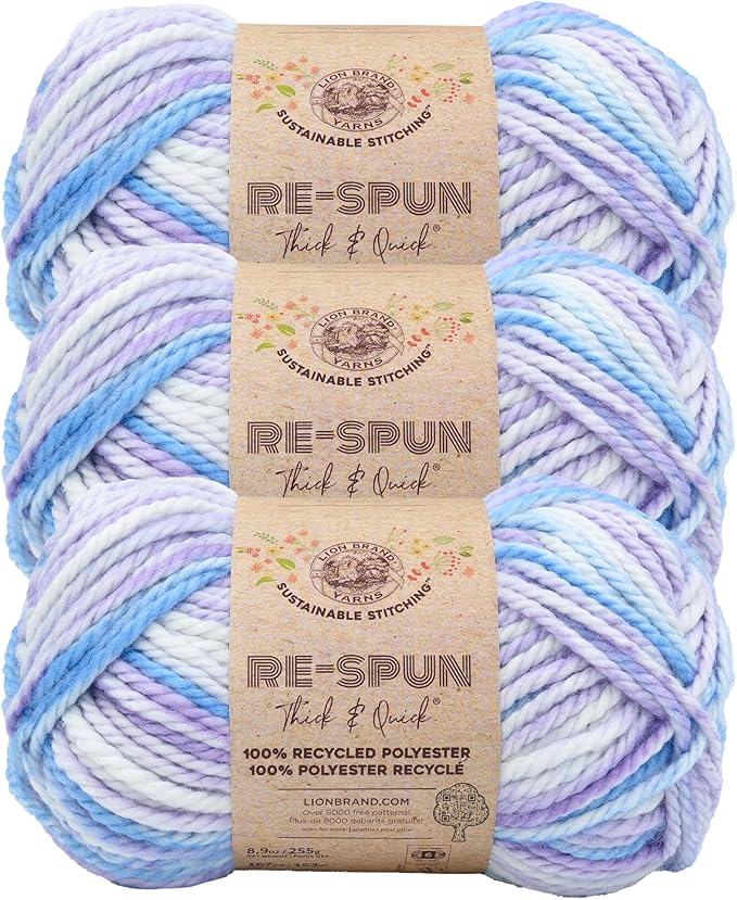 Lion Brand Yarn, Re-Spun Thick & Quick Super Bulky Yarn for Knitting, Crochet, and Crafts, Hyacinth, 3 Pack, Variegated Fiber for Chunky Blankets, Bulky Throws, and Cozy Sweaters