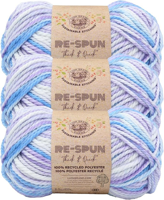 Lion Brand Yarn, Re-Spun Thick & Quick Super Bulky Yarn for Knitting, Crochet, and Crafts, Hyacinth, 3 Pack, Variegated Fiber for Chunky Blankets, Bulky Throws, and Cozy Sweaters