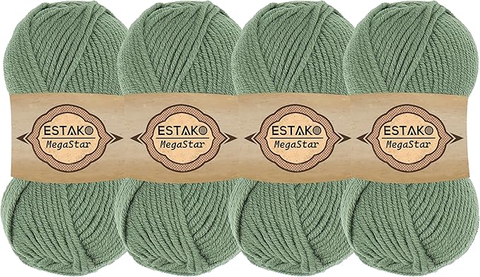 Estako Megastar, (4 Skeins Pack) 75% Acrylic 25% Wool Yarn, Soft, Chunky Bulky Weight #5 for Crochet and Knitting (4 x 3.52 Oz) / (4 x 120 Yrds) (64067 - Grass)