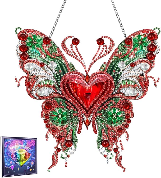 LOMSIOY Diamond Art Hanging Kit for Adult, Butterfly Front Door Sign Window Hanging for Outdoor, Animal Double Sided Summer Decor Suncatcers for Porch, Pendants for Garden Wall （8x8 Inch