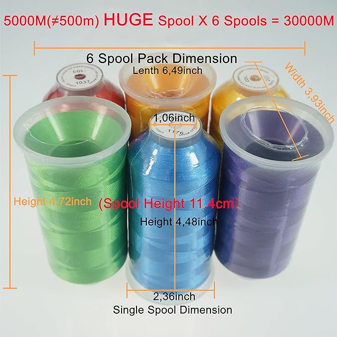 New brothreads - 40 Options- Various Assorted Color Packs of Polyester Embroidery Machine Thread Huge Spool 5000M for All Embroidery Machines -6xRainbow Colors