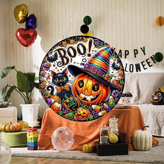 DIY Halloween Acrylic Diamond Art Painting Wreath Kits Special Shaped Rhinestone 5D Diamond Art Window Pendants Home Garden Wall Hanging Kits Hanging Ornament (Pumpkin and Cat)