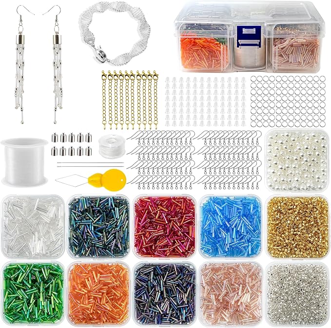 6112pcs 2x9mm Long Glass Tube Beads for Jewelry Making,Beading Starter Kit with Individual Case, 8 Iridescent Colors Slim Bugle Delica 2mm Bead for DIY Earrings Bracelets Necklaces Gift Supplies