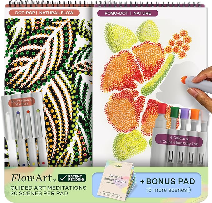 Lifelines FlowArt Activity Pads, 2-Pack & Bonus Pad - Guided Art Meditations - 2 Sets of Markers & 48 Scenes - Dot-Pop and Pogo-Dot Coloring Books for Tweens, Adults & Seniors