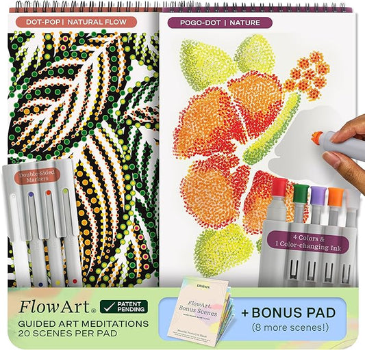 Lifelines FlowArt Activity Pads, 2-Pack & Bonus Pad - Guided Art Meditations - 2 Sets of Markers & 48 Scenes - Dot-Pop and Pogo-Dot Coloring Books for Tweens, Adults & Seniors