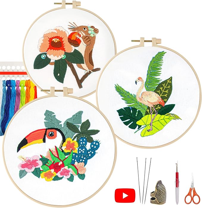 lx lermx embroidery kits for beginners, adult starter cross stitch kit needlepoint complete diy kit with unique patterns, hoop, colorful threads, tools, step by step instructions & video tutorial