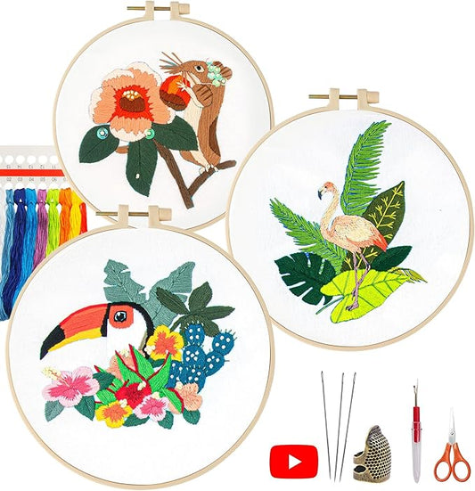 lx lermx embroidery kits for beginners, adult starter cross stitch kit needlepoint complete diy kit with unique patterns, hoop, colorful threads, tools, step by step instructions & video tutorial