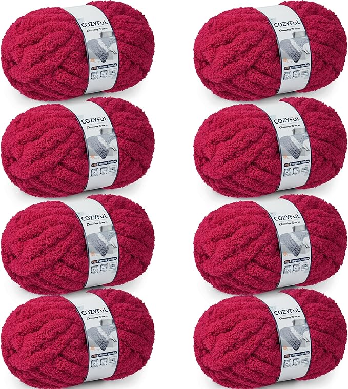 Chunky Yarn for Hand Knitting - #10 Chunky Chenille Yarn, Jumbo Big Thick Chunky Yarns for Crocheting, Super Bulky Chunky Knit Blanket Yarns, 8 Skein (25 yds 8 oz Each Skein), Cherry Red