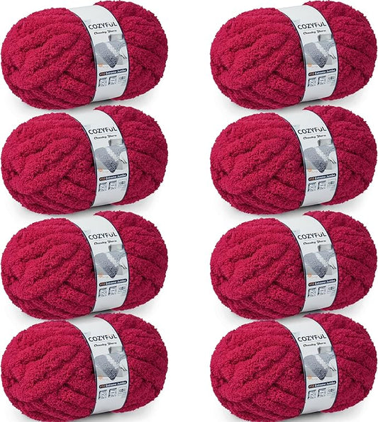 Chunky Yarn for Hand Knitting - #10 Chunky Chenille Yarn, Jumbo Big Thick Chunky Yarns for Crocheting, Super Bulky Chunky Knit Blanket Yarns, 8 Skein (25 yds 8 oz Each Skein), Cherry Red