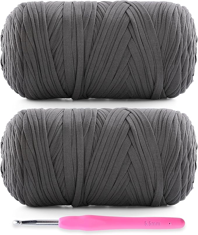 2 Pack Soft T-Shirt Yarn for Crochet, T Shirt Yarns for Crocheting Crafts, Bags, Basket, Coaster, Tshirt Yarns - 800 G/260 Yds with 1 Crochet Hook (2, Dark Grey)