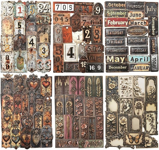 Metal Imprint Stickers Set – 120PCS Vintage Faux Embossed Label Stickers Featuring Writable Self-Adhesive Tags for Scrapbook Junk Journal DIY Crafts