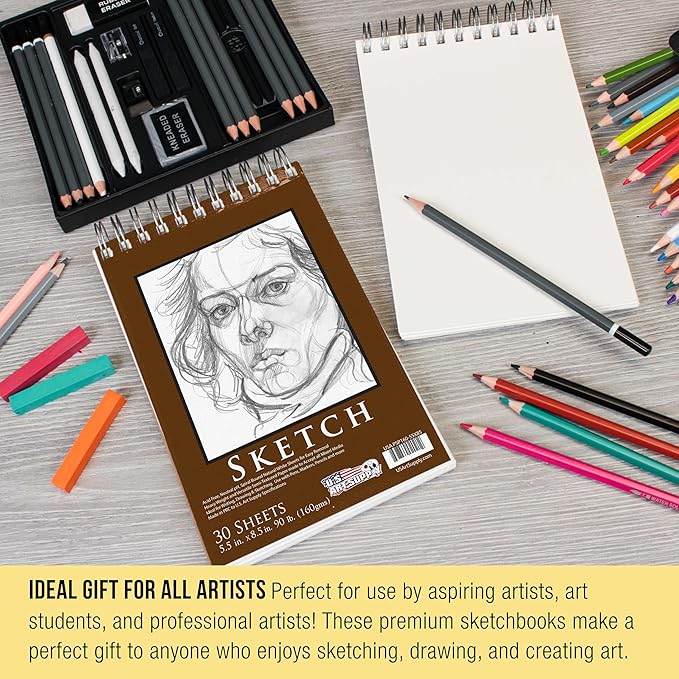 u.s. art supply 5.5”x8.5 premium heavy-weight paper spiral bound sketch book: 90 pound (160gsm), 30-sheet drawing pad (2 pack)