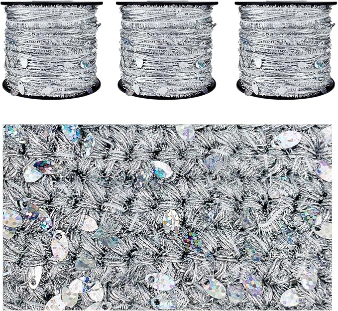 Artisanal Yarn Collection Multifiber Multicolored Fancy Yarn with Laser Sequins for Knitting Crocheting Crafts DIY, Set of 3 Rolls (Laser Silver)