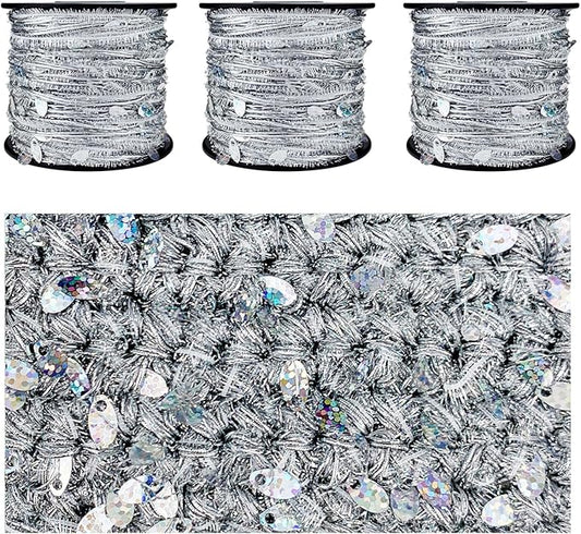 Artisanal Yarn Collection Multifiber Multicolored Fancy Yarn with Laser Sequins for Knitting Crocheting Crafts DIY, Set of 3 Rolls (Laser Silver)
