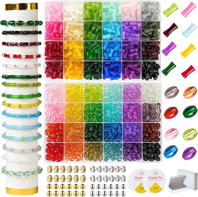 REVKI 1200pcs Glass Beads Bracelet Making Kit, 48 Colors Crystal Beads for Jewelry Making,Strange Shaped Glass Beads for Bracelets and DIY Crafts(Oval and Bamboo)