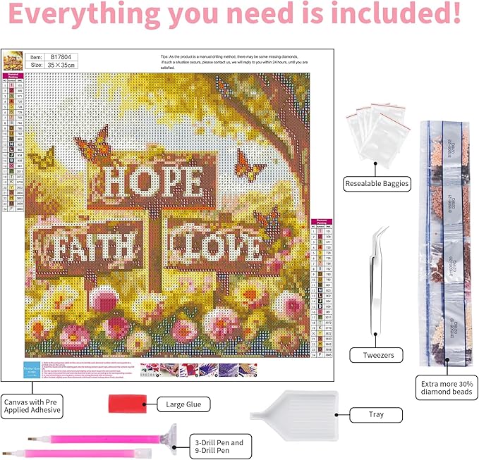 GEEHEIY Faith Hope Love Diamond Art Kits for Adults, 5D Diamond Painting Kits for Beginner, DIY Full Drill Round Gem Art for Home Wall Decor 14 x14 Inch