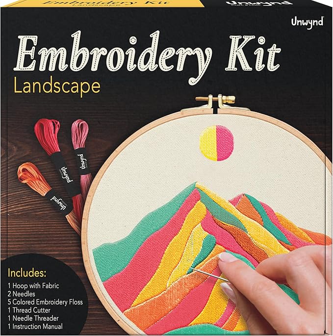 Unwynd Embroidery Kit Landscape Theme for Beginners, Satin Stitch Hand Embroidery Kit for Adults, Easy DIY Craft, Easter Gifts with Mountain Sun Pattern.