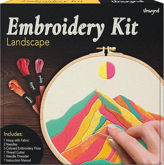 Unwynd Embroidery Kit Landscape Theme for Beginners, Satin Stitch Hand Embroidery Kit for Adults, Easy DIY Craft, Easter Gifts with Mountain Sun Pattern.