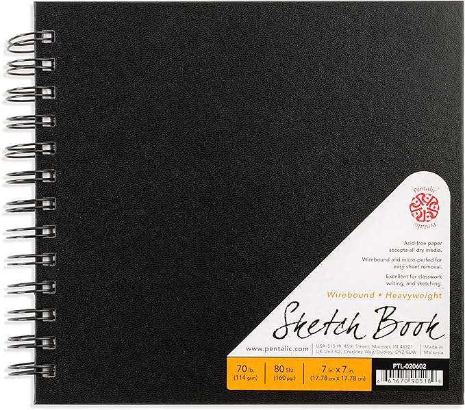 Pentalic - 7"x 7" Double Wirebound Sketchbook, 80 Sheets, Black