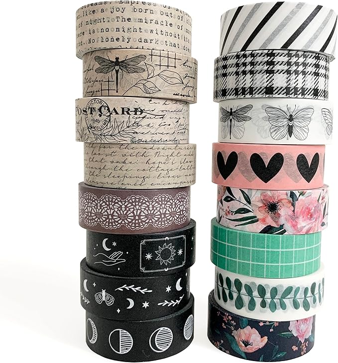 zynshe washi tape set of 16 rolls of 15 mm wide cute decorative washi tape for journaling, scrapbook, washy crafts, bullet journals, planners, diy décor, gift wrapping, craft supplies (vintage)