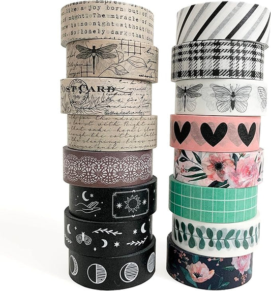 zynshe washi tape set of 16 rolls of 15 mm wide cute decorative washi tape for journaling, scrapbook, washy crafts, bullet journals, planners, diy décor, gift wrapping, craft supplies (vintage)