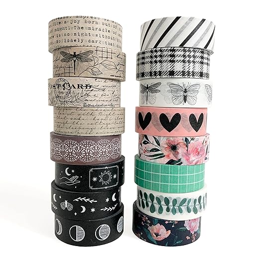Washi Tape Set of 16 Rolls of 15 mm Wide Cute Decorative Washi Tape for Journaling, Scrapbook, Washy Crafts, Bullet Journals, Planners, DIY Décor, Craft Supplies For Adults & Kids (Vintage)
