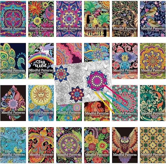Liliful 24 Pcs Mindful Coloring Book Bulk for Adult DIY Art Stress Relief Drawing Book with Relaxing Mindfulness Patterns for Adults, Party Favors, Goodie Bag Filler and Holiday Gifts