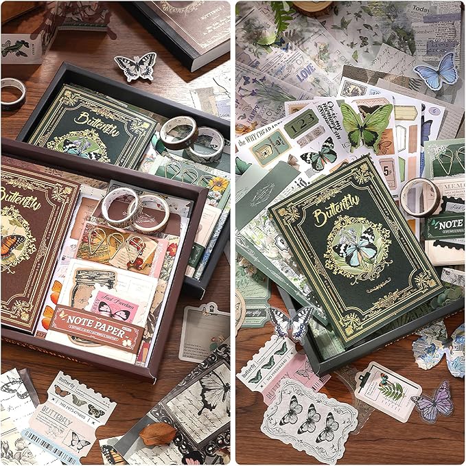 scrapbook supplies kit, vintage junk journaling supplies, scrapbooking kit with aesthetic ephemera stickers, stationary set, bullet journaling kit, collage craft supplies gift for adults women starter