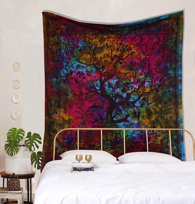 the art box tapestry rainbow tree of life wall hanging – indian cotton twin bedspread, picnic sheet, wall decor, blanket, wall art for bedroom (twin, 82x54 inch)