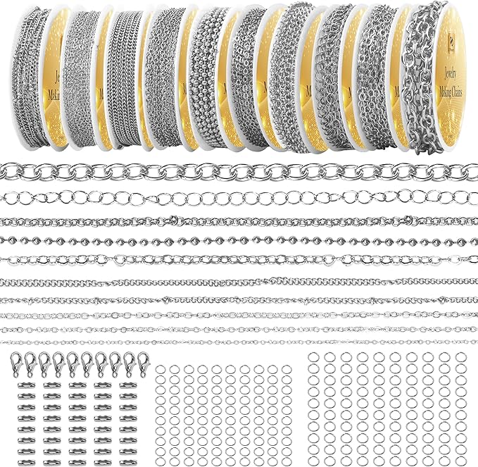 PP OPOUNT Silver Necklace Chains for Jewelry Making, 78.7 Feet 10 Rolls Stainless Steel Chain for Jewelry Making DIY Necklace Bracelet Belt Earrings with Open Jump Rings & Lobster Clasps