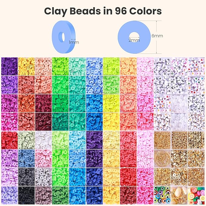 Tilhumt Clay Beads Bracelet Making Kit for Adult, 16000 Pcs 96 Colors Preppy Flat Polymer Clay Beads for Friendship Jewelry Making Polymer Heishi Bead with Charms Kit, Gifts for Art and Craft Lovers