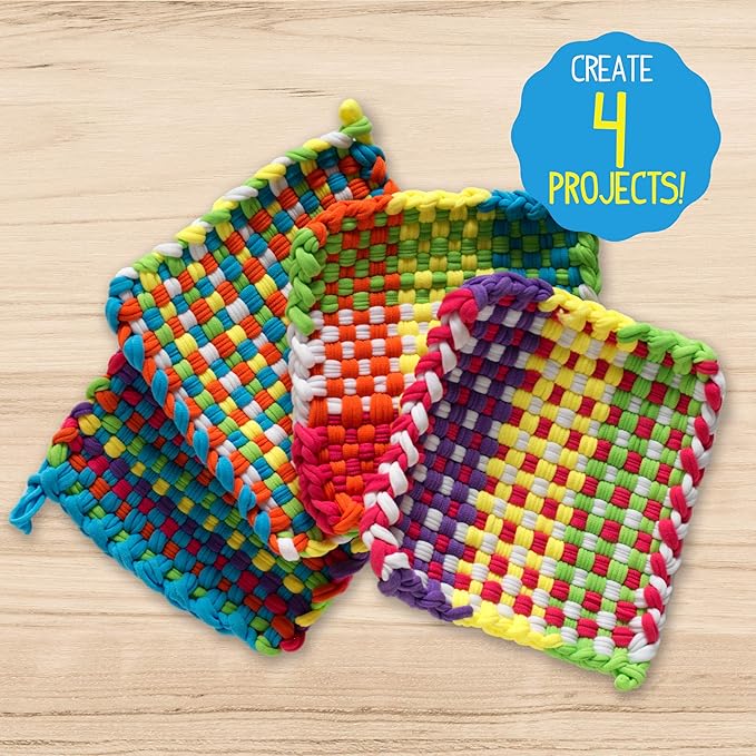 Made By Me Easy Steps Weaving Loom for Kids, Includes 165 Loom Loops & 1 Weaving Loom with Loom Hook, Makes 4 Projects, Hook & Loop Potholder Kit, DIY Weaving Kit, Potholder Loom Kit, Kids Crafts