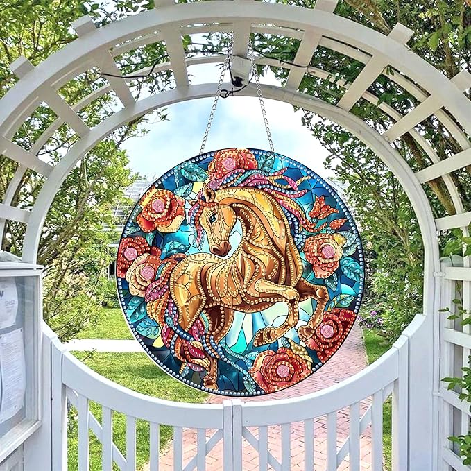 Wergund 5D DIY Horse Diamond Art Hanging Kits, Hanging Diamond Art Rose, Acrylic Special Shaped Rhinestone, Window Hanging Pendants for Home Wall Garden Front Door Outdoor Decor Gift(Horse)