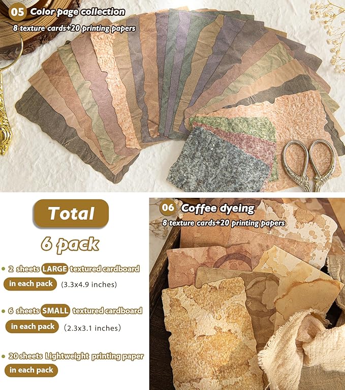168Pcs Textured Scrapbook Paper Kit - Embossed Rice Decoupage Paper Mixed Media for Scrapbooking Supplies Junk Journaling Cards Making Collage, Vintage 6 Pack DIY Decorative Materials Craft Gifts