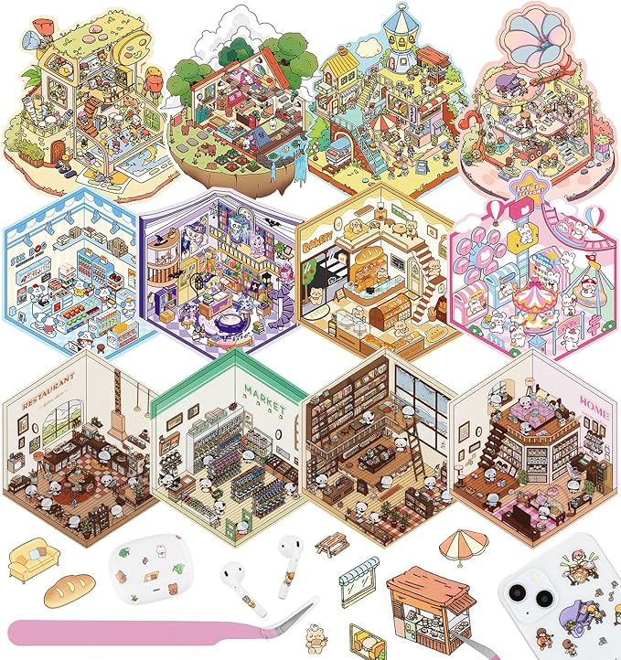 12 Sets DIY 3D Sticker Scene for Kids, Fun DIY Sticker Scene Make Your Own Mini House Cute Cartoon Animal Scene Stickers Adult Sticker Art Relief Stress Pass The Time Holiday Christmas Fun