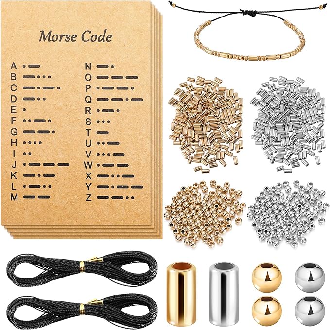 DIY Morse Code Bracelet Making Set, 800 Round Spacer Beads, 800 Long Tube Beads, 20 Morse Code Decoding Card and 2 Rolls 66 ft Waxed Polyester Twine Cord (Silver and Gold, Black Rope)
