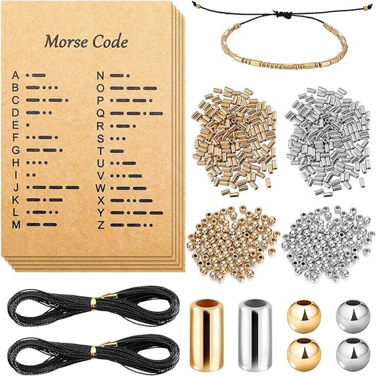 DIY Morse Code Bracelet Making Set, 800 Round Spacer Beads, 800 Long Tube Beads, 20 Morse Code Decoding Card and 2 Rolls 66 ft Waxed Polyester Twine Cord (Silver and Gold, Black Rope)