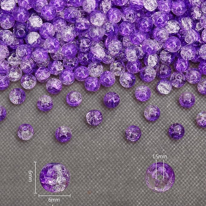 300PCs 6mm Purple Crackle Glass Beads Bulk, Round Smooth Hole Glass Crystal Beads for Jewelry Making, DIY Bracelets, Necklaces, Bag Charms, Keychains and Craft Projects