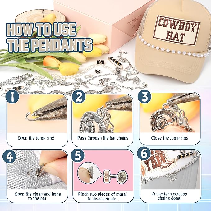 Meneng Cowgirl Hat Accessories Kit: 36PCS Western Trucket Hat Chains Bill Decoration for Women - Bling Metal Detachable Chains Bulk for Mesh Baseball Cap