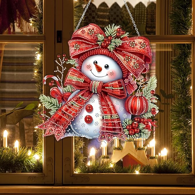 Diamond Art Hanging Kit for Adult,Special Shaped Rhinestone,DIY Acrylic Diamond Art Painting Window Pendants Home Garden Wall Hanging Kits Hanging Ornament,Double Sided. (Christmas Snowman)